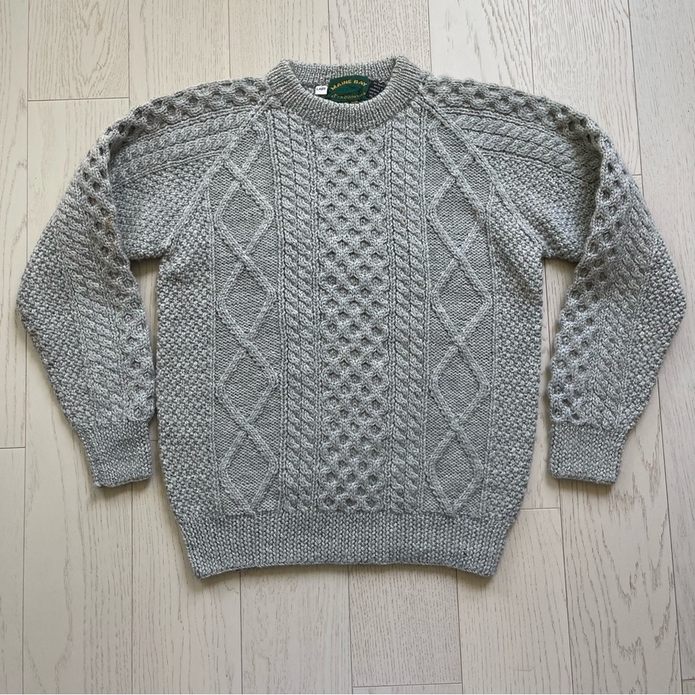 Vintage Maine Bay Thick Cable Knit 100% Wool Hand Knitted Fisherman Sweater - Picture 2 of 16